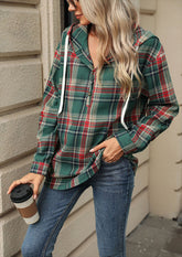 Plaid Button Up Hooded Tie Detail Casual Blouse
